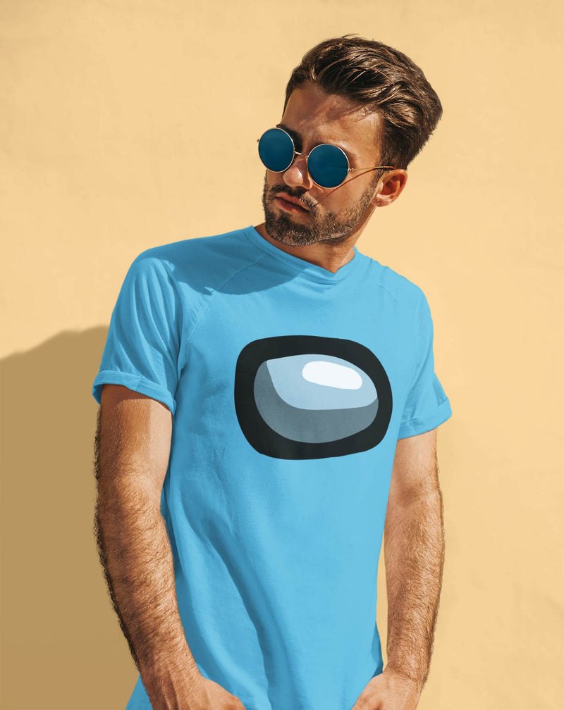 Guy wearing cyan tshirt that has the face of the among us character.