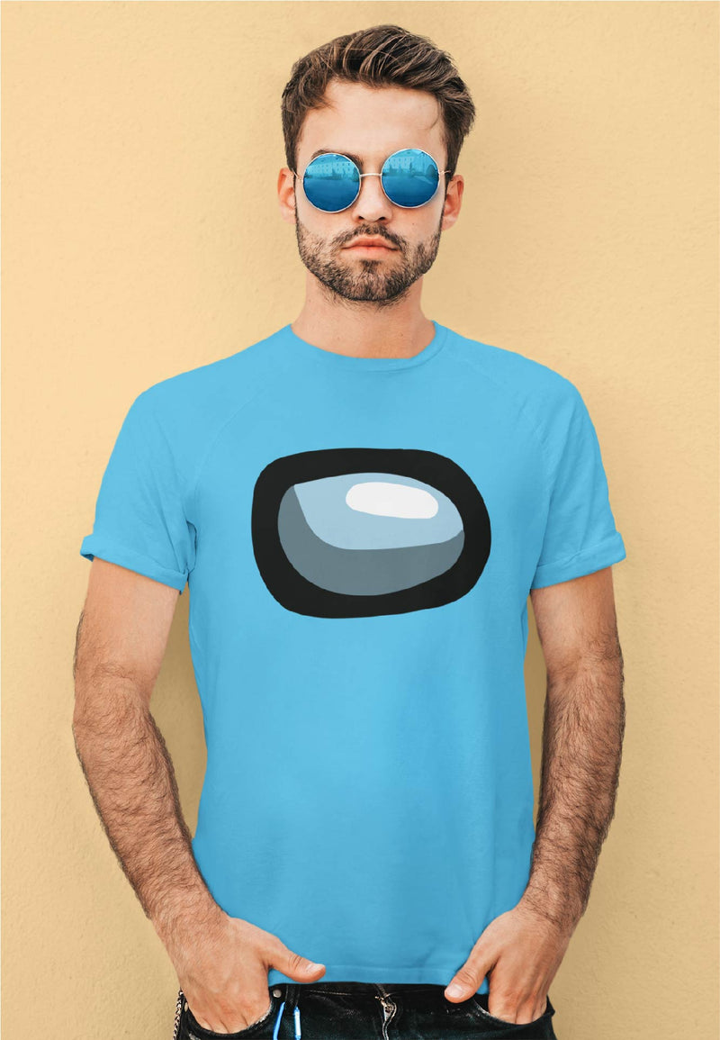 Guy in sunglasses wearing cyan tshirt that has the face of the among us character.