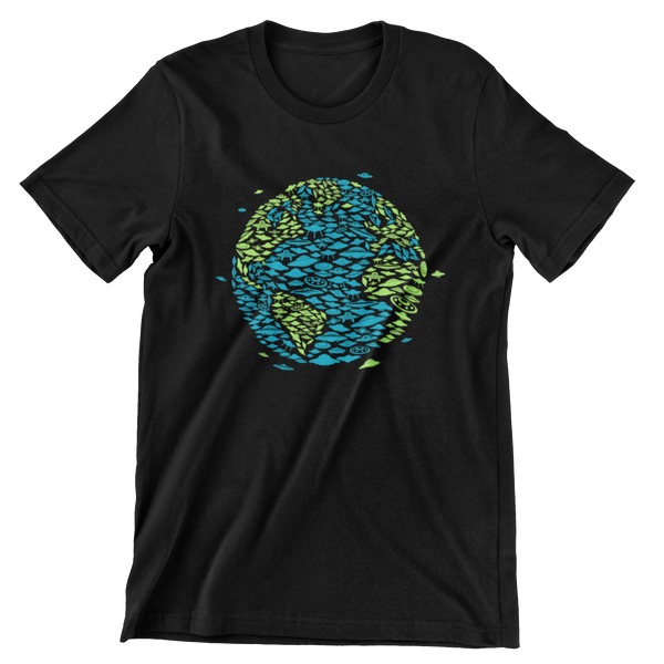 Black short sleeve t-shirt with a print of the earth made of blue and green spaceships