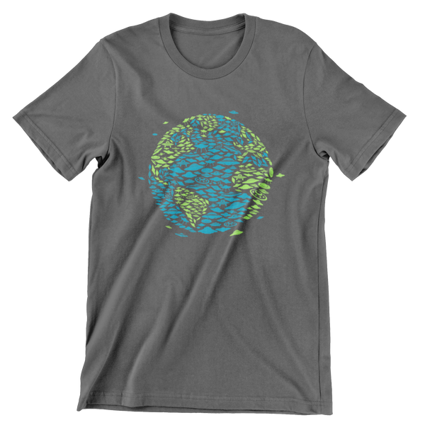 Dark Gray short sleeve t-shirt with a print of the earth made of blue and green spaceships