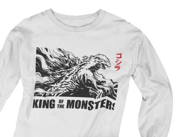 White long sleeve Godzilla tshirt.