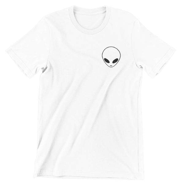 White short sleeve shirt with an alien head outline printed on the left crest in black.