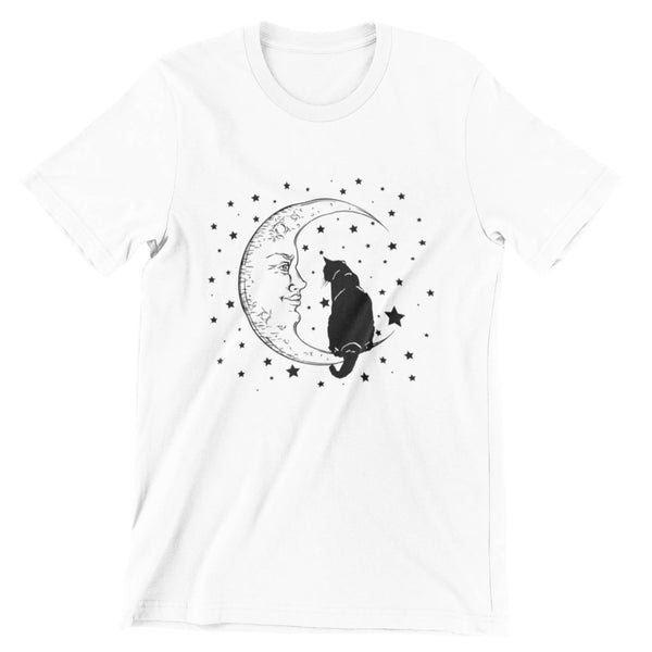 White short sleeve t-shirt that has a cat sitting on a moon with stars as the background.