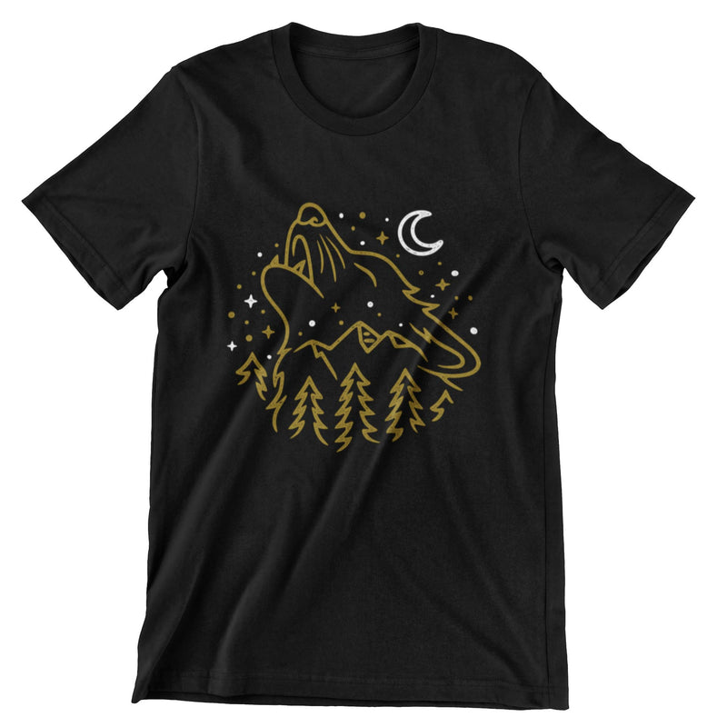 Black short sleeve t-shirt with a print of a wolf's head howling to the night sky.