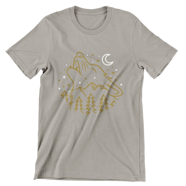 Light Gray short sleeve t-shirt with a print of a wolf's head howling to the night sky.