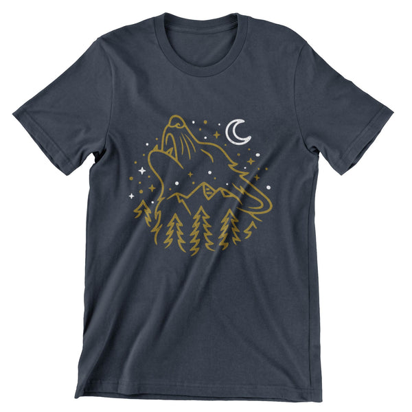 Midnight short sleeve t-shirt with a print of a wolf's head howling to the night sky.
