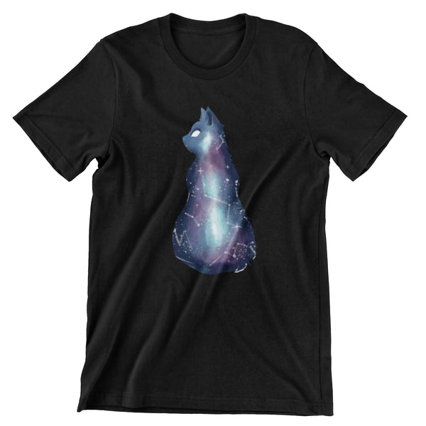 Black short sleeve tshirt with a space galaxy in the shape of a cat. 