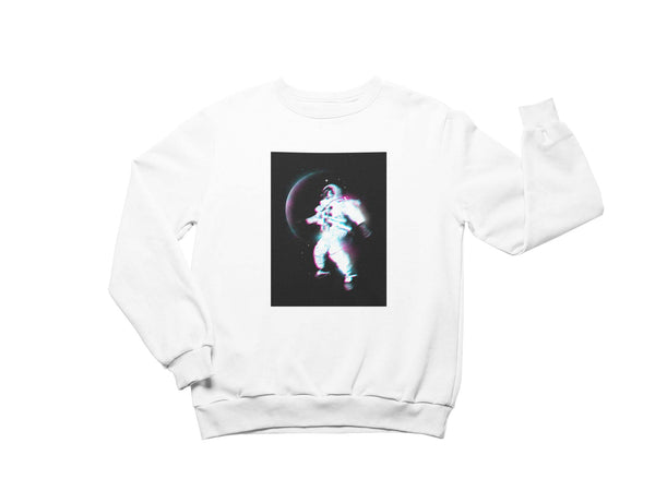 white crewneck sweatshirt with a blurred astronaut floating in space infant of blurry planet in background. Full color print. 