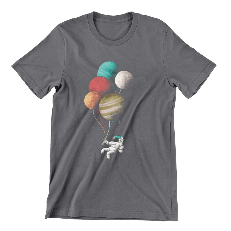 Dark gray t-shirt with a graphic print of an astronaut floating in space being supported by planet like balloons.