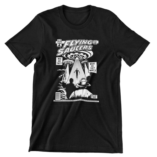 Black T-shirt with an all white graphic print of  a comic book/propaganda style page featuring 3 flying saucers  beaming aliens down to earth.
