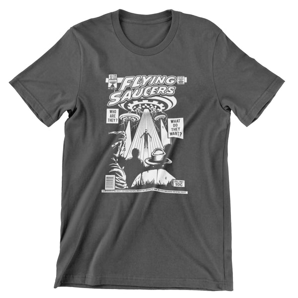 dark gray T-shirt with an all white graphic print of  a comic book/propaganda style page featuring 3 flying saucers  beaming aliens down to earth.