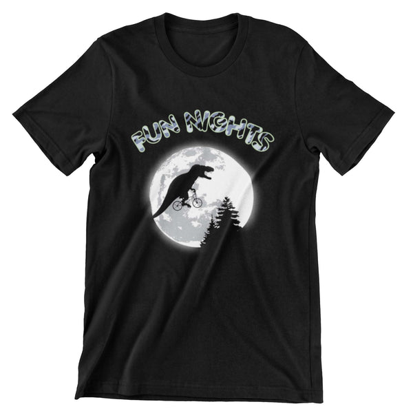 Black Short Sleeve t-shirt with a t.rex flying over the moon and the text "fun nights" above the moon.