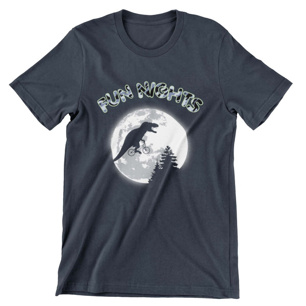 Midnight short sleeve t-shirt with a t.rex flying over the moon and the text "fun nights" above the moon.